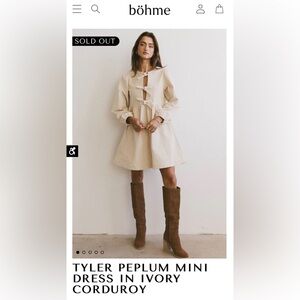 bohme Ivory corduroy peplum mini dress size S